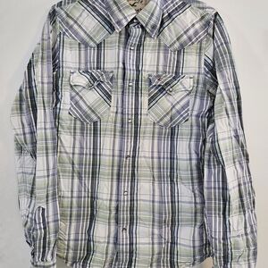 Hollister Women's Green and White Plaid Button Down Shirt